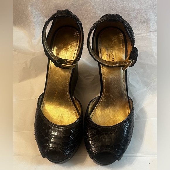 Coach Chocolate python leather open toe ankle strap wedge heels Sz 7B Women - Picture 4 of 14